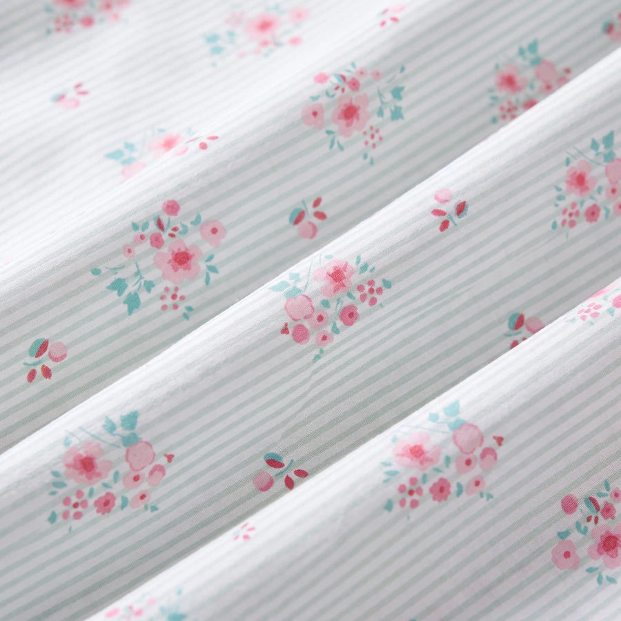 petite bloom pinstripe shower curtain blue pink fabric texture close up