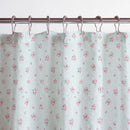 petite bloom pinstripe shower curtain blue pink metal rings close up