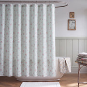 petite bloom pinstripe shower curtain blue pink white soaking tub rustic decor