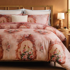 100% cotton comforter set with a vintage baroque floral design in a warm bedroom