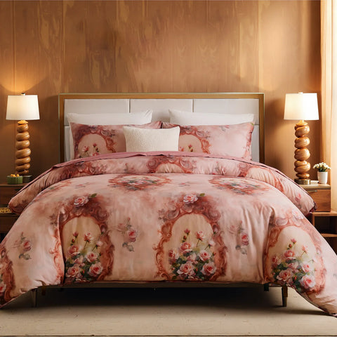 full view of the pink baroque floral comforter set