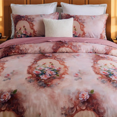 Close-up of the pillows on the pink baroque floral comforter set