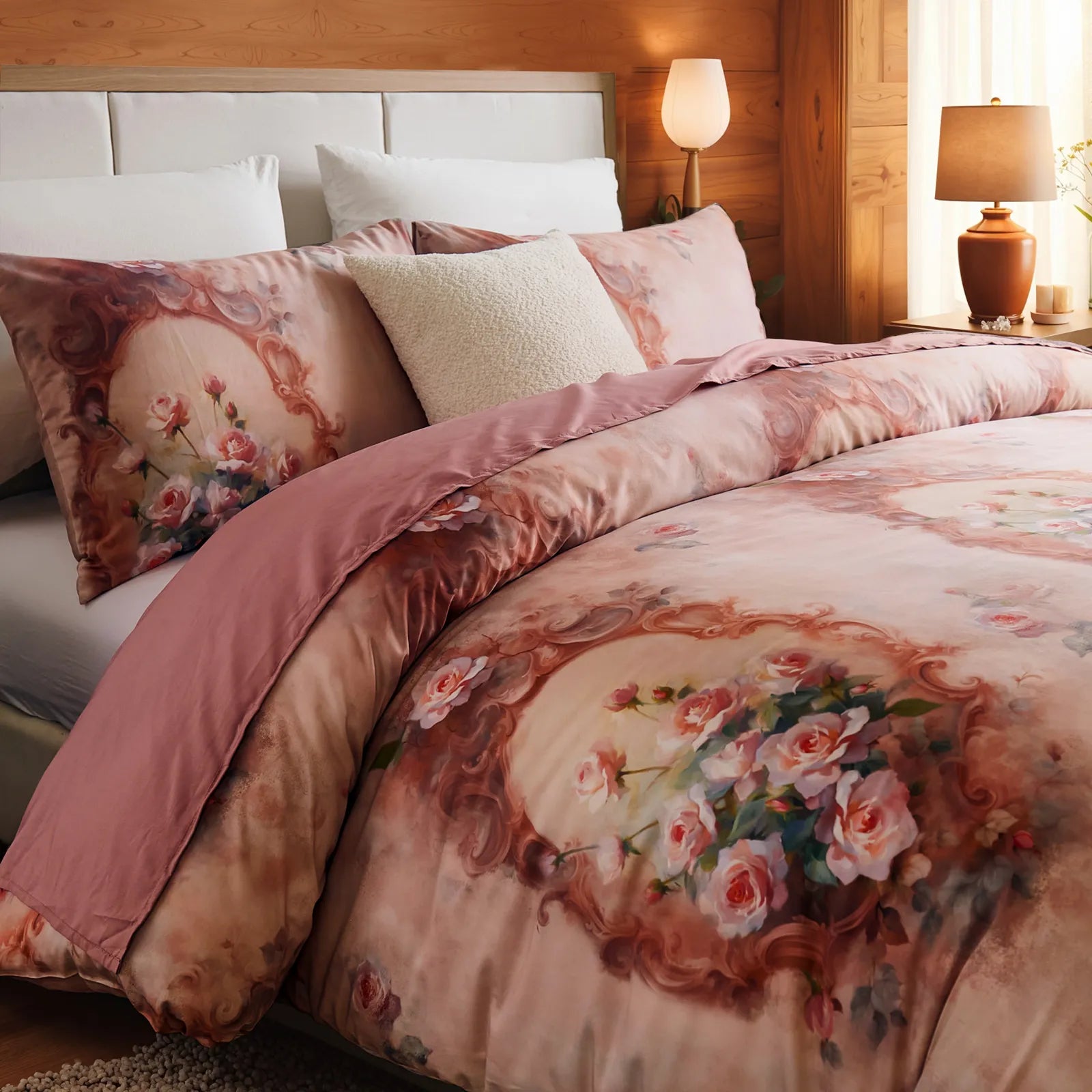 Side view of the pink baroque floral comforter set