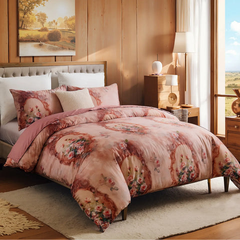 The pink baroque comforter set styled in a bedroom with natural light