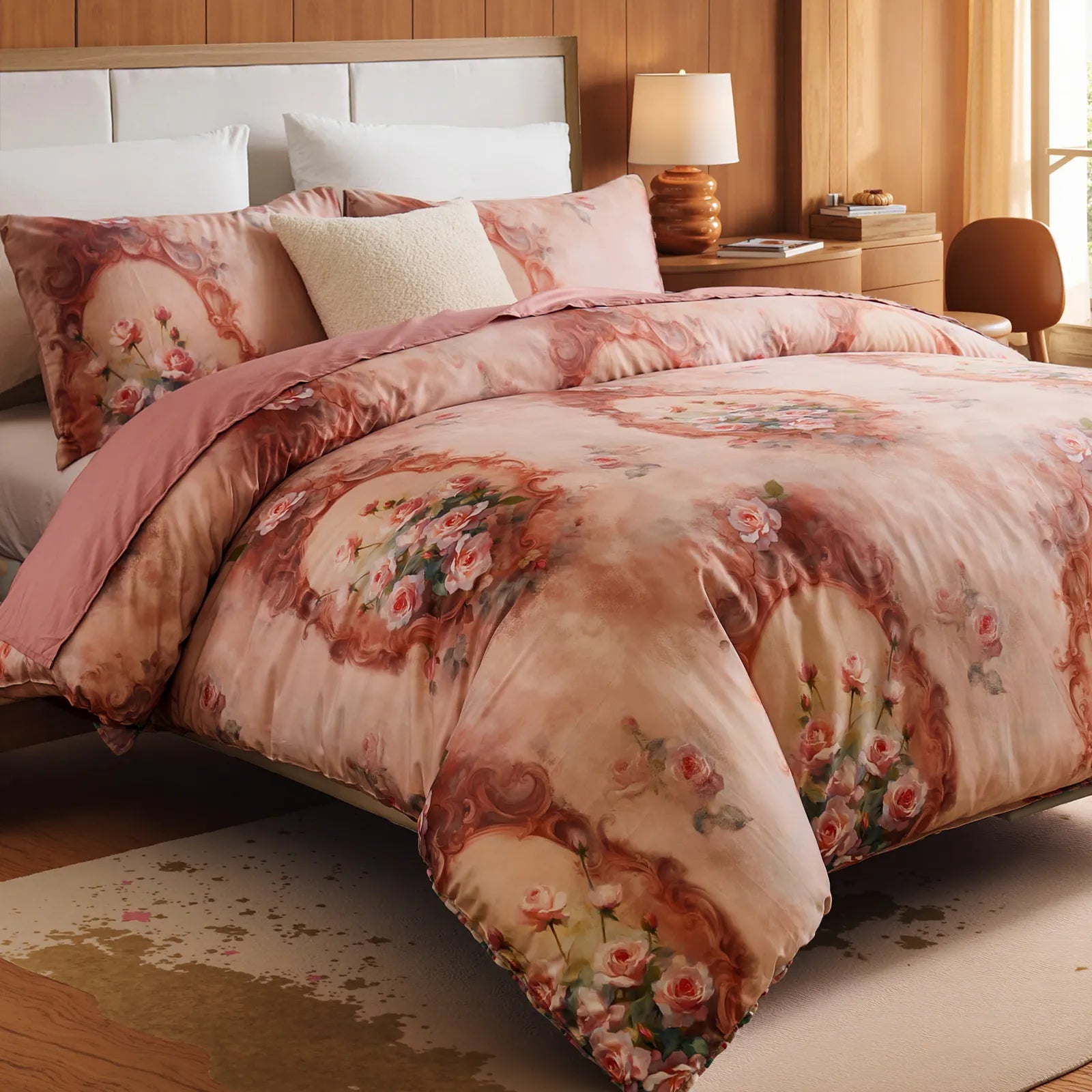 Pink comforter set with a unique rose pattern, styled between two lamps