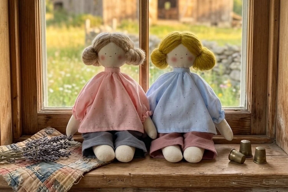 pink blue rag dolls window sill farmhouse