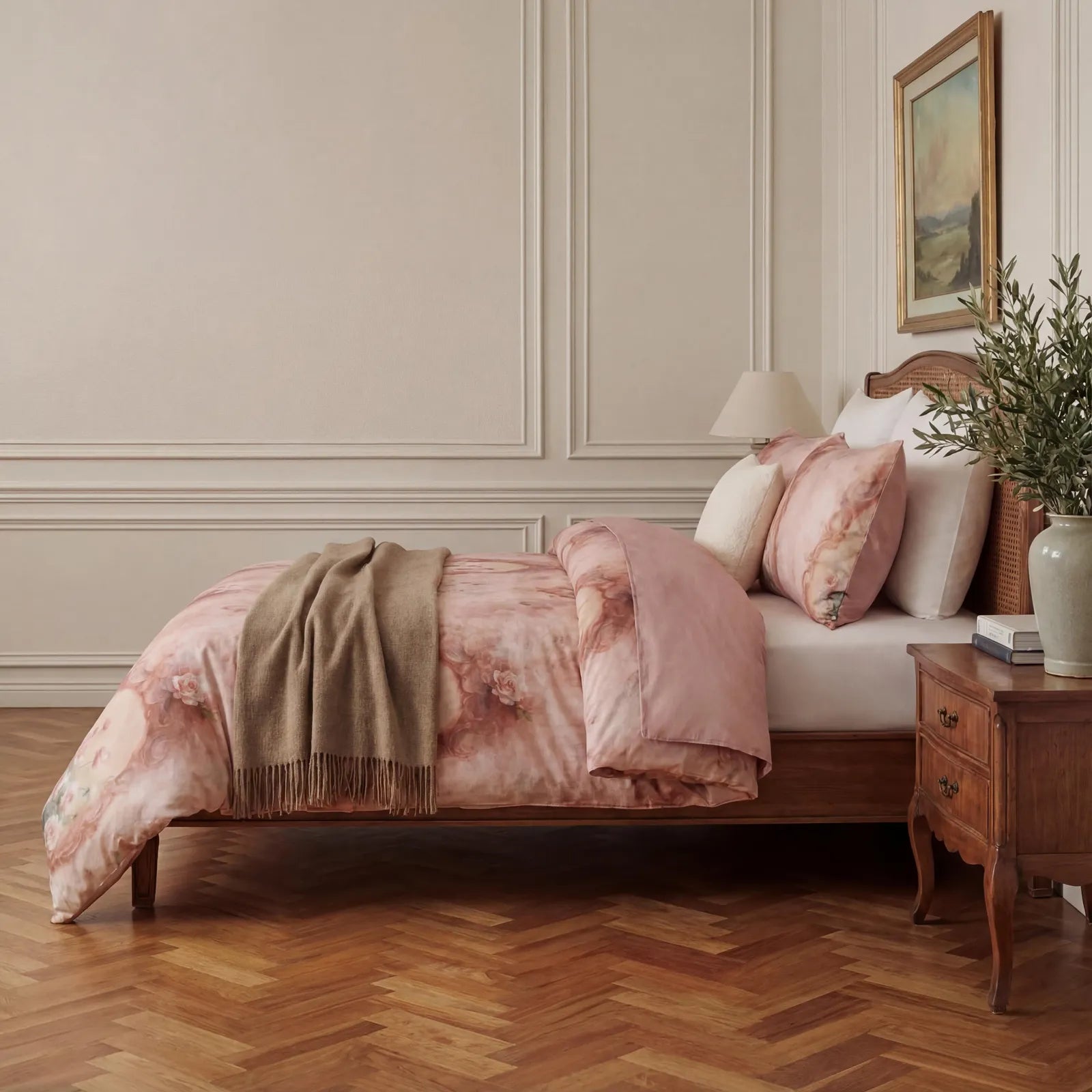 Side angle view of vintage pink floral bedding