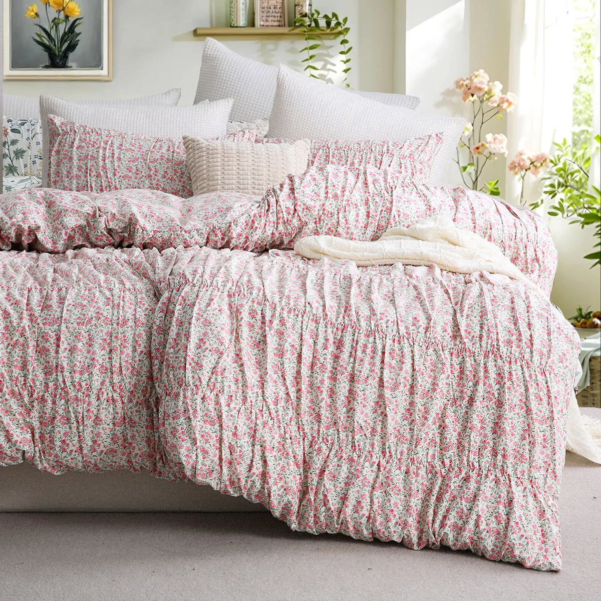 Pink floral cotton duvet set gathered detail