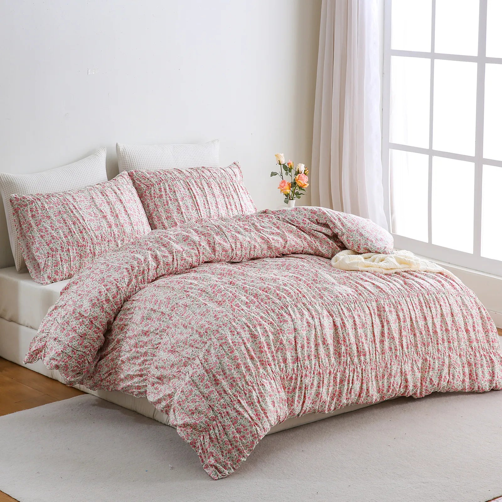 Pink floral cotton duvet set overhead view