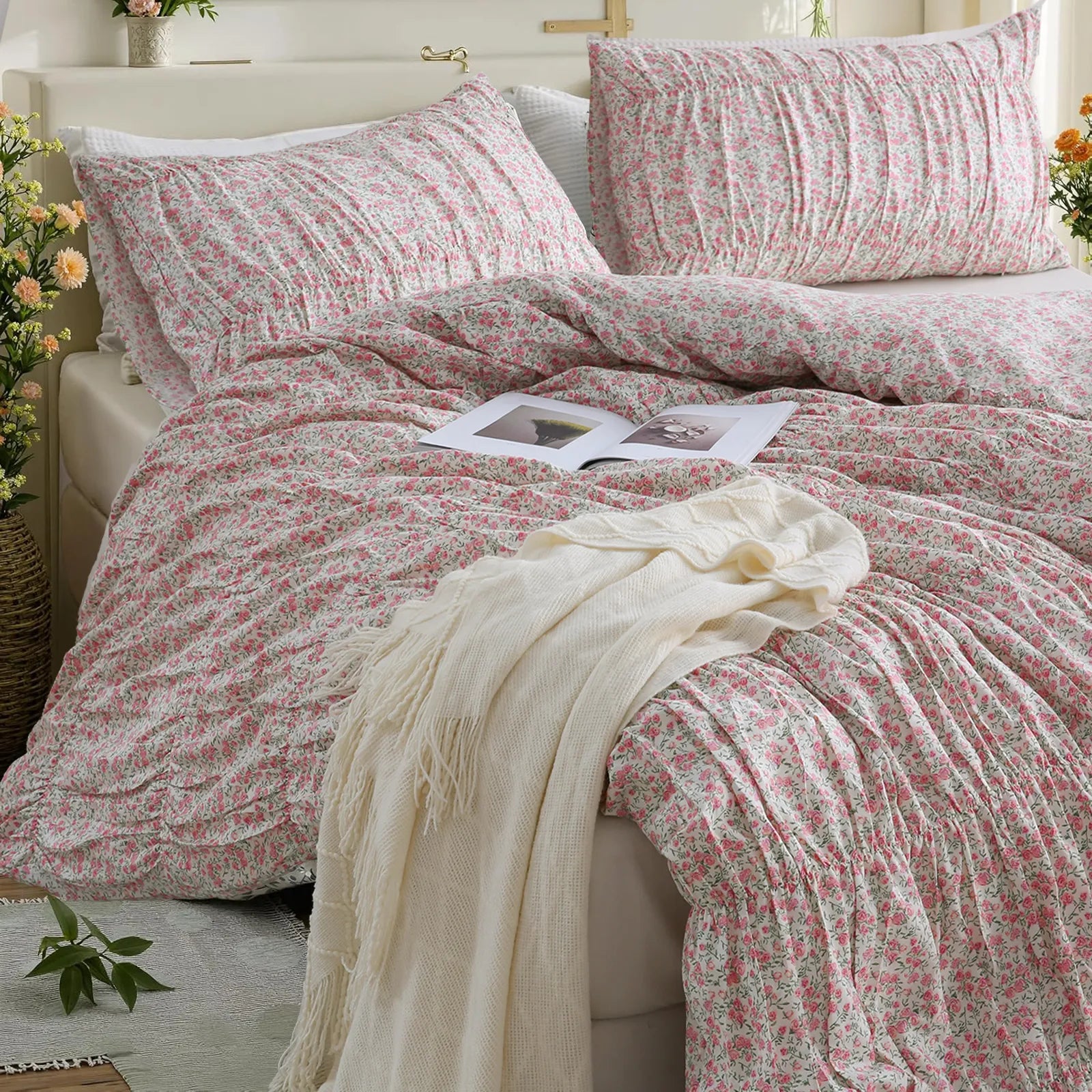 Pink floral cotton duvet set top perspective