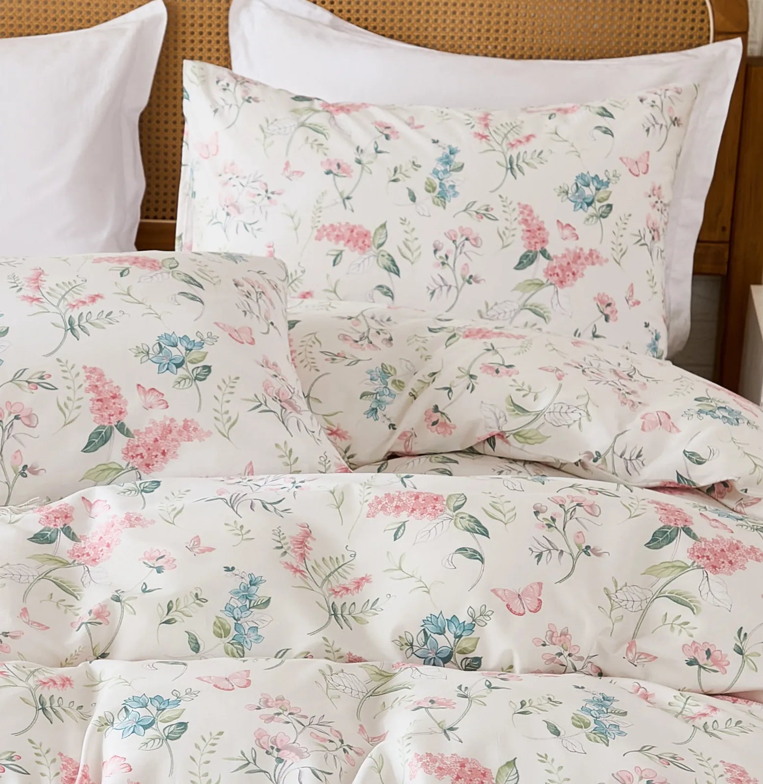 A detailed close-up of the fabric texture and the subtle floral print