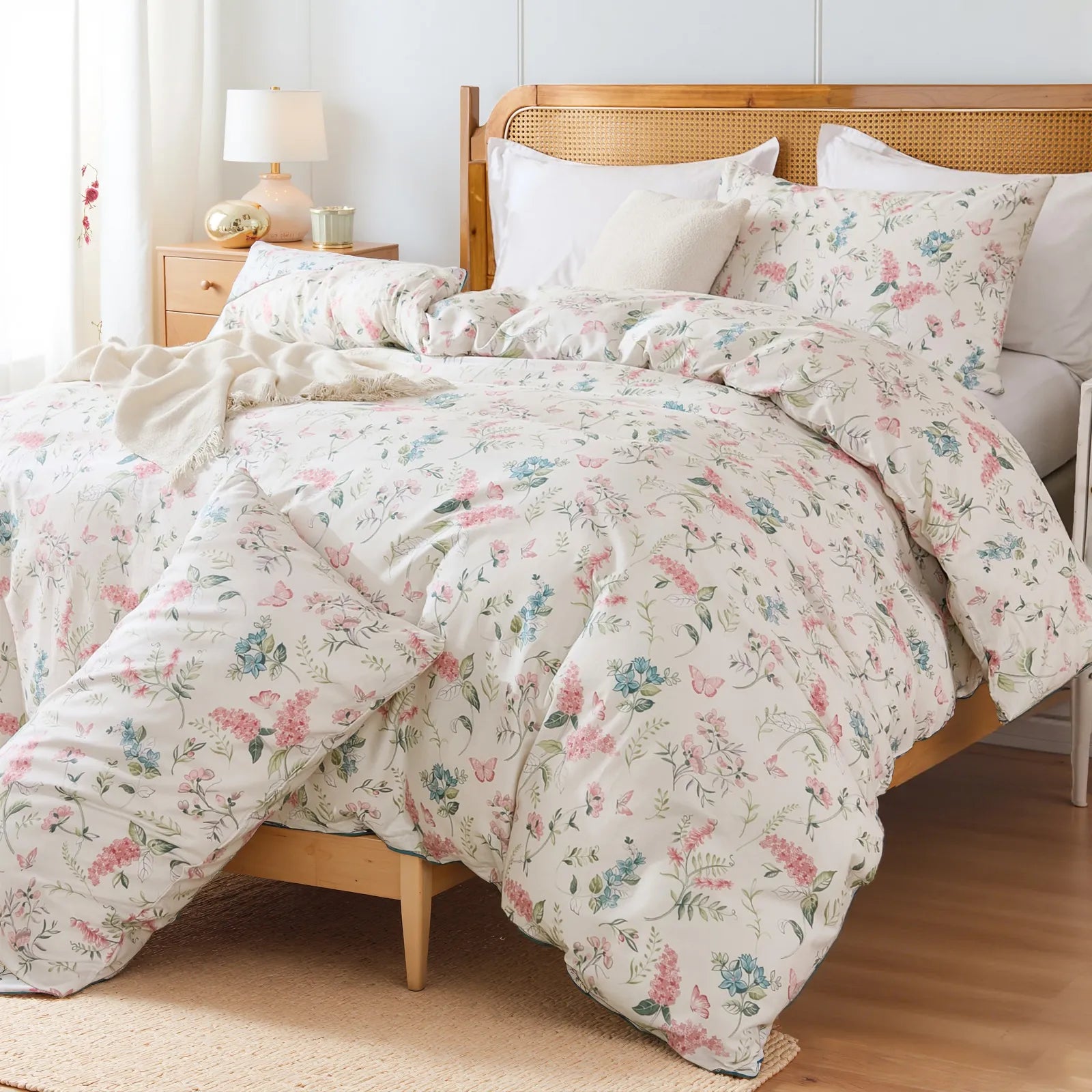 The pink floral duvet cover set folded neatly for display