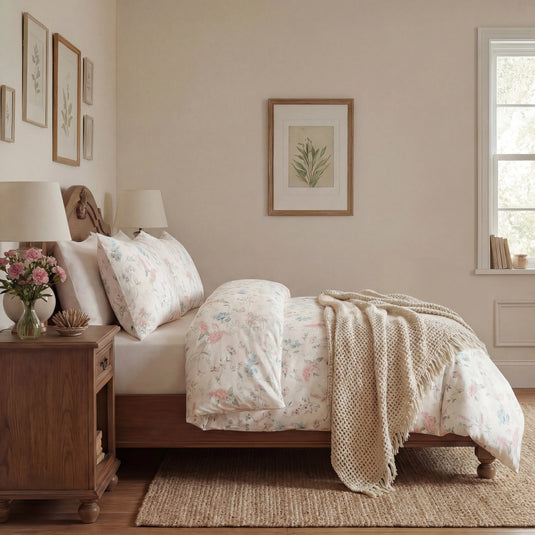 The pink floral duvet cover set folded neatly for display