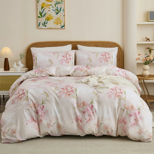 front view of pink lily duvet