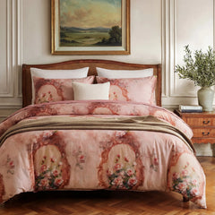 Front view of pink rose floral duvet cover set