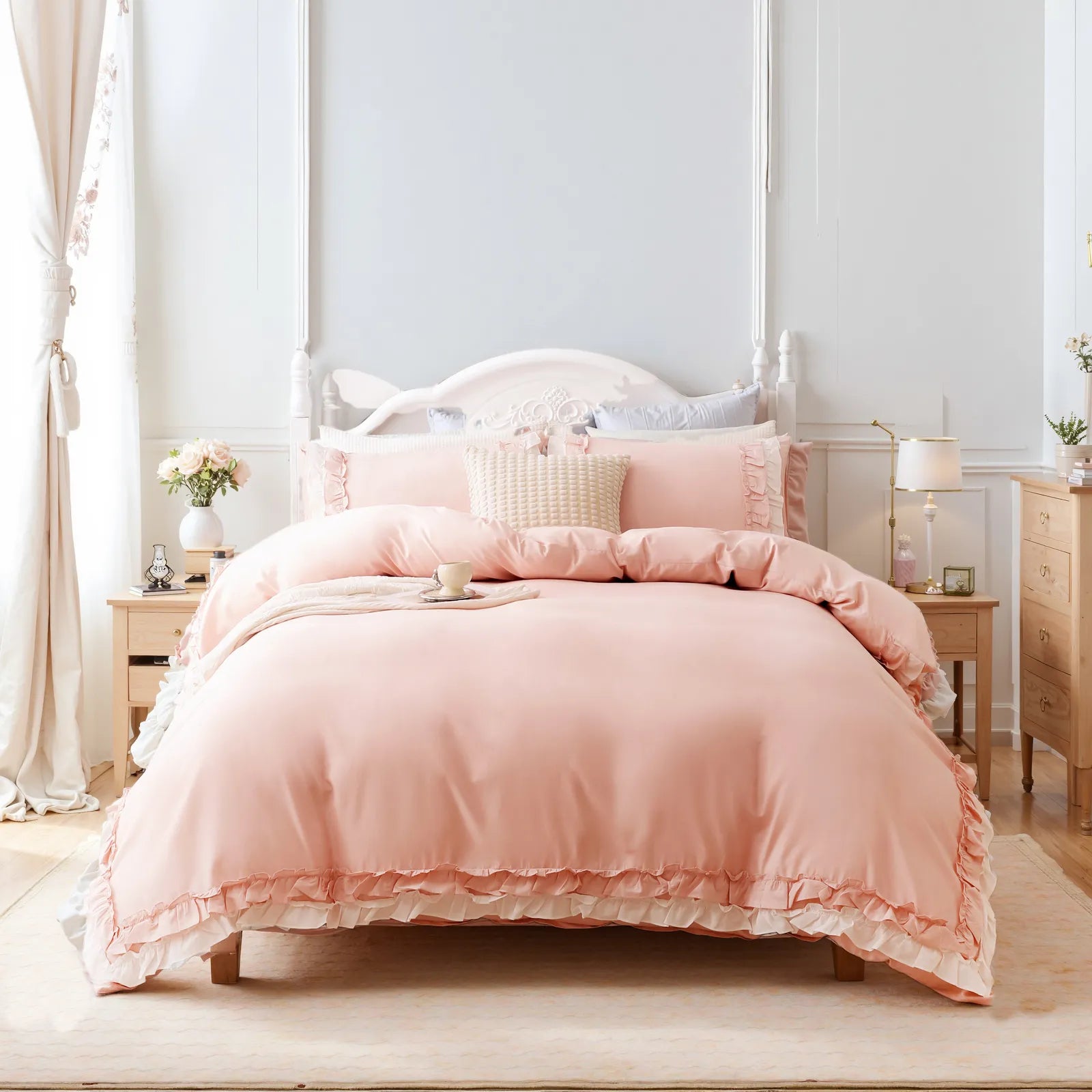 Front view of the pink ruffled cotton comforter set