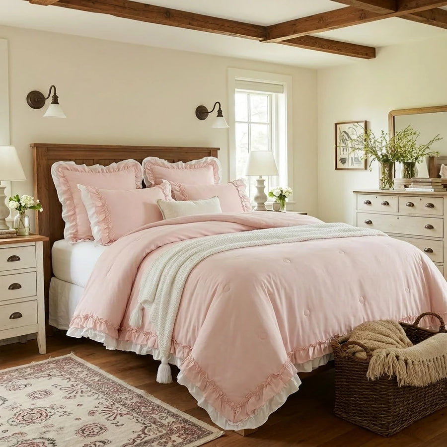 pink ruffled quilt set shabby chic bedroom decor