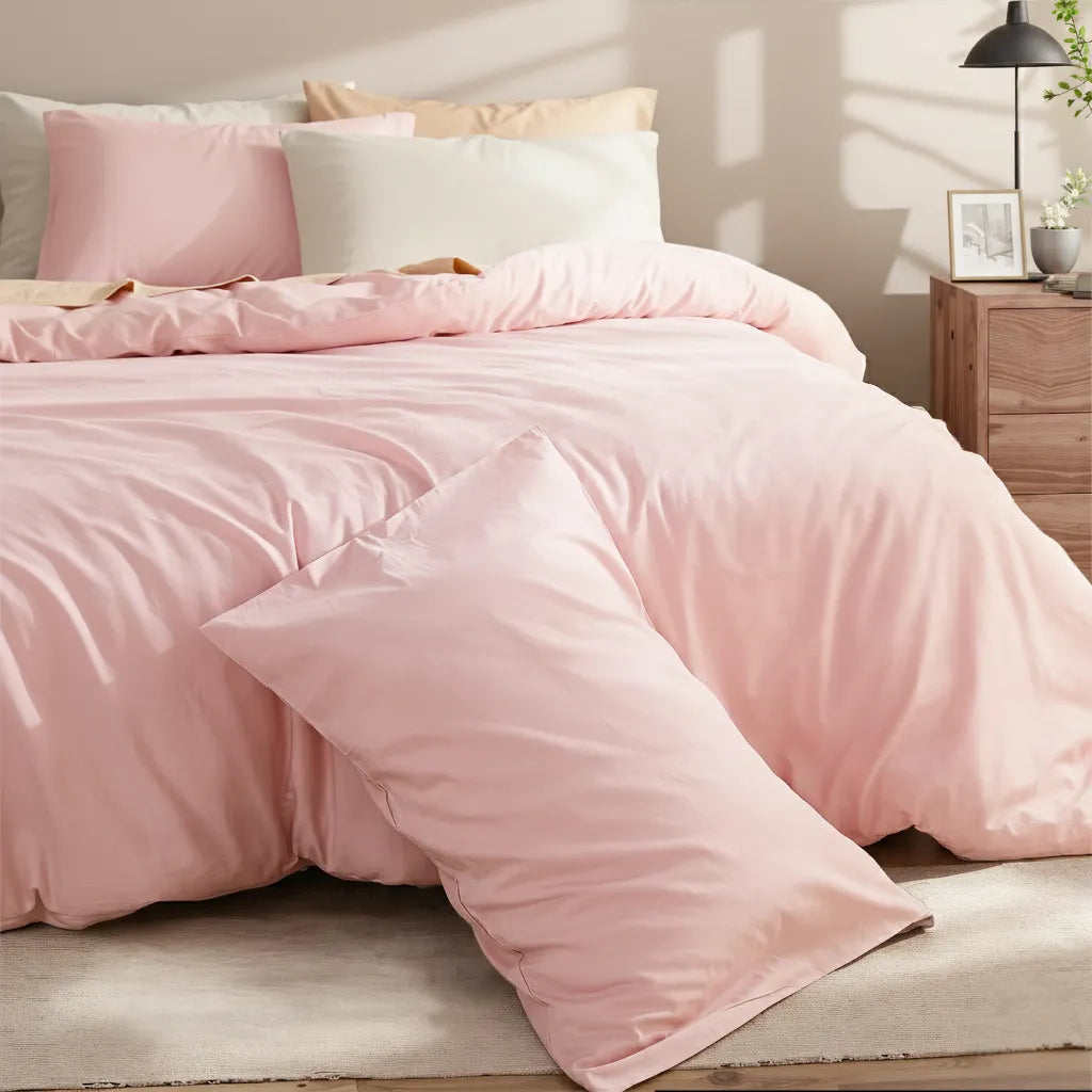 Texture detail shot of the pink cotton duvet with a pile of mixed-color pillows, highlighting soft folds and light shadow play.