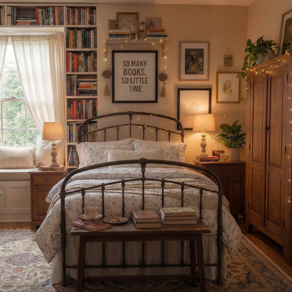 full bedroom view of wildflower duvet cover set featuring dark academia decor and vintage brass bed