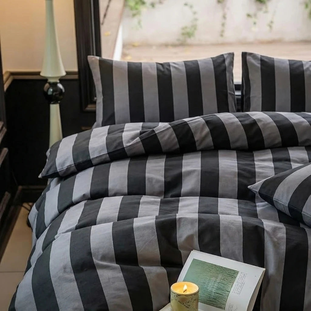 premium black cabana stripe duvet cover texture close up