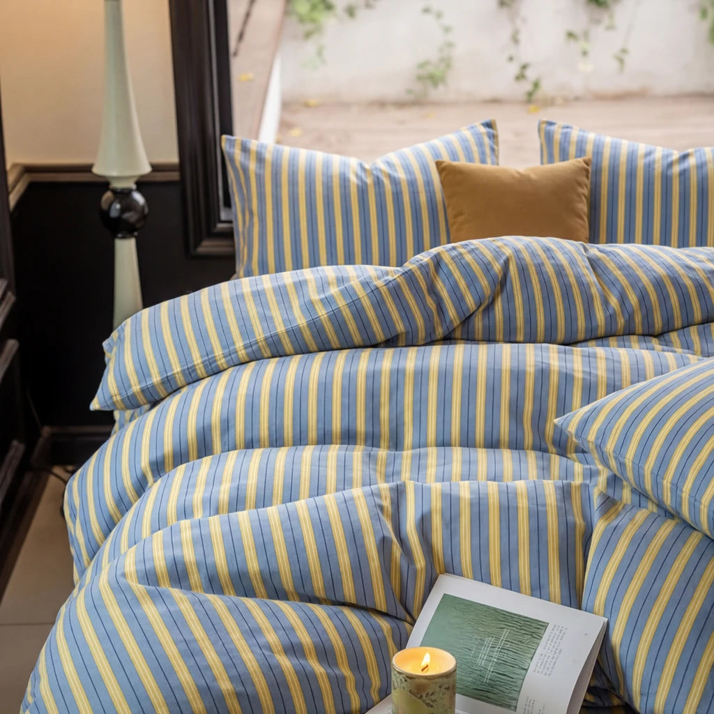 preppy style ribbon stripes blue bedding set lifestyle
