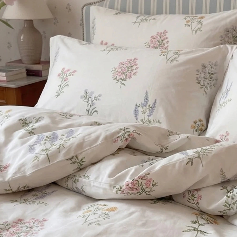 pressed botanical bedding fabric texture closeup