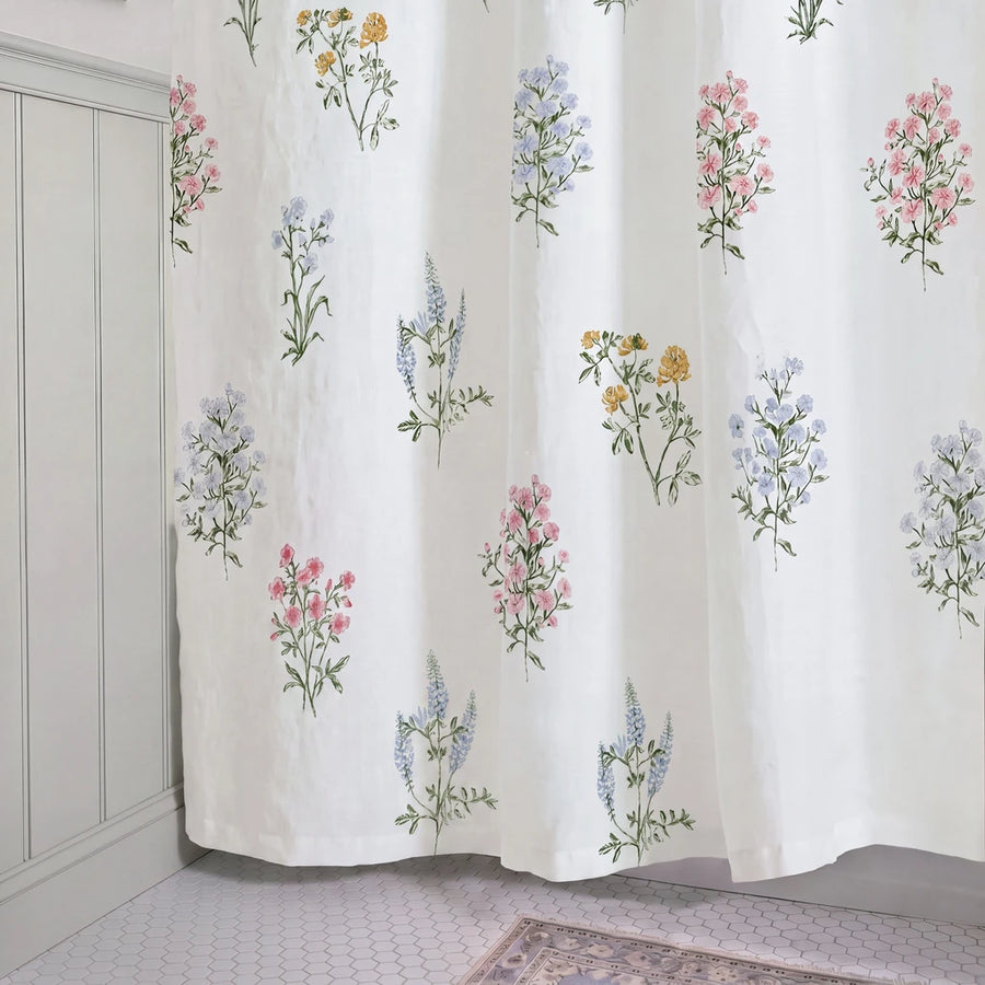 pressed botanical shower curtain white multicolor green wainscoting tile floor