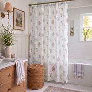 pressed botanical shower curtain white multicolor wood vanity woven basket