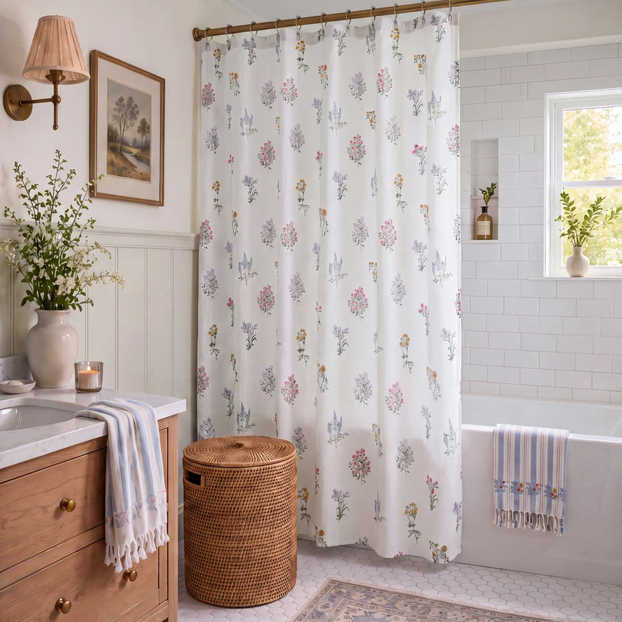 pressed botanical shower curtain white multicolor wood vanity woven basket