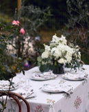 pressed botanical tablecloth garden dining scene