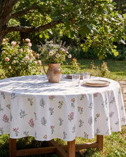 pressed botanical tablecloth round outdoor table
