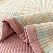 provence meadow washed cotton linen quilt pastel grid dusty pink reverse border detail