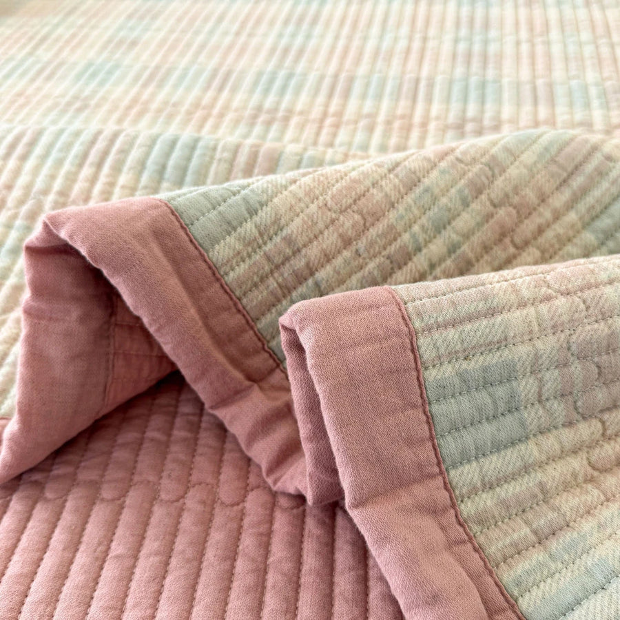 provence meadow washed cotton linen quilt pastel grid dusty pink reverse border detail