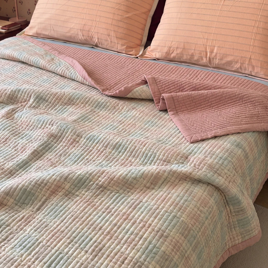 provence meadow washed cotton linen quilt pastel grid dusty pink reverse peach pillow