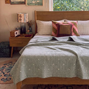 provence meadow washed cotton linen quilt shadow dots natural wood headboard nightstand