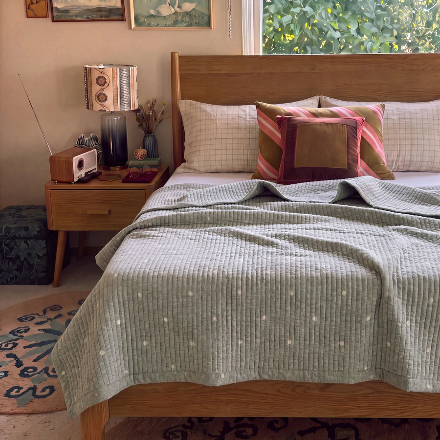 provence meadow washed cotton linen quilt shadow dots natural wood headboard nightstand