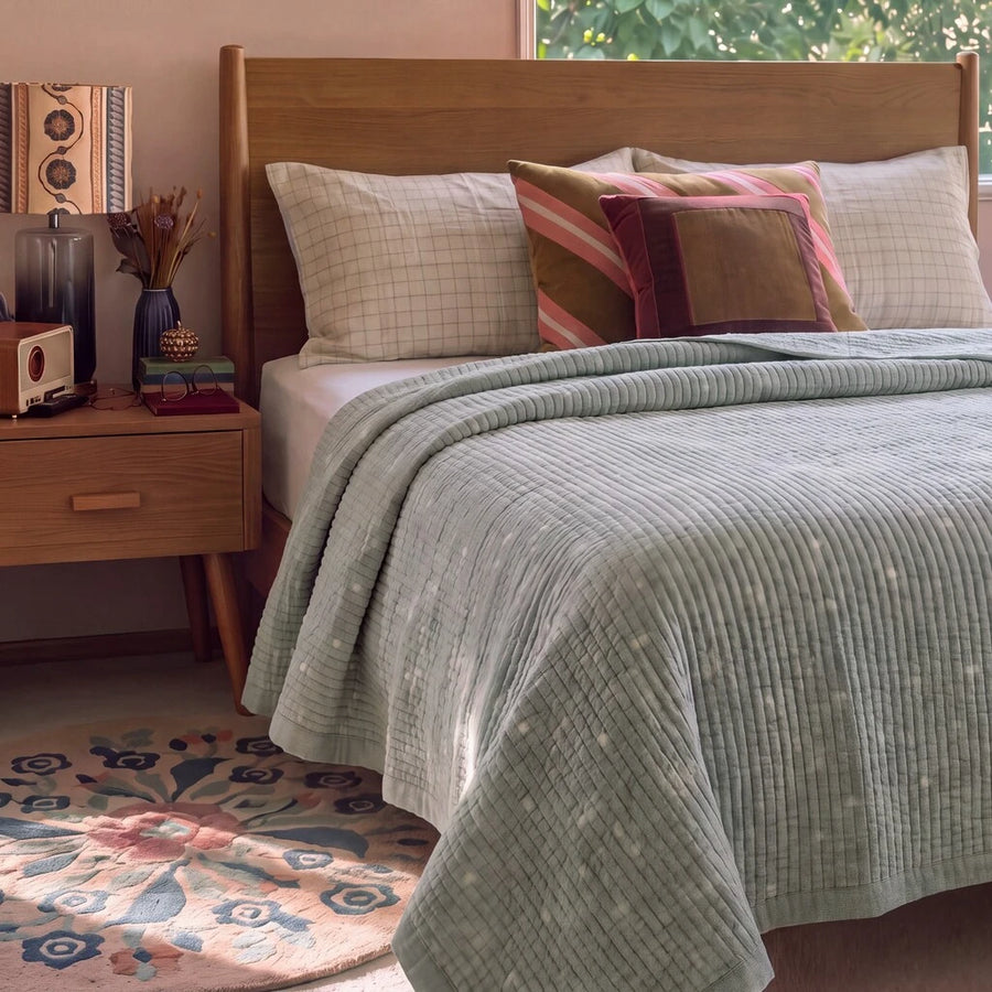 provence meadow washed cotton linen quilt shadow dots striped pillows round rug