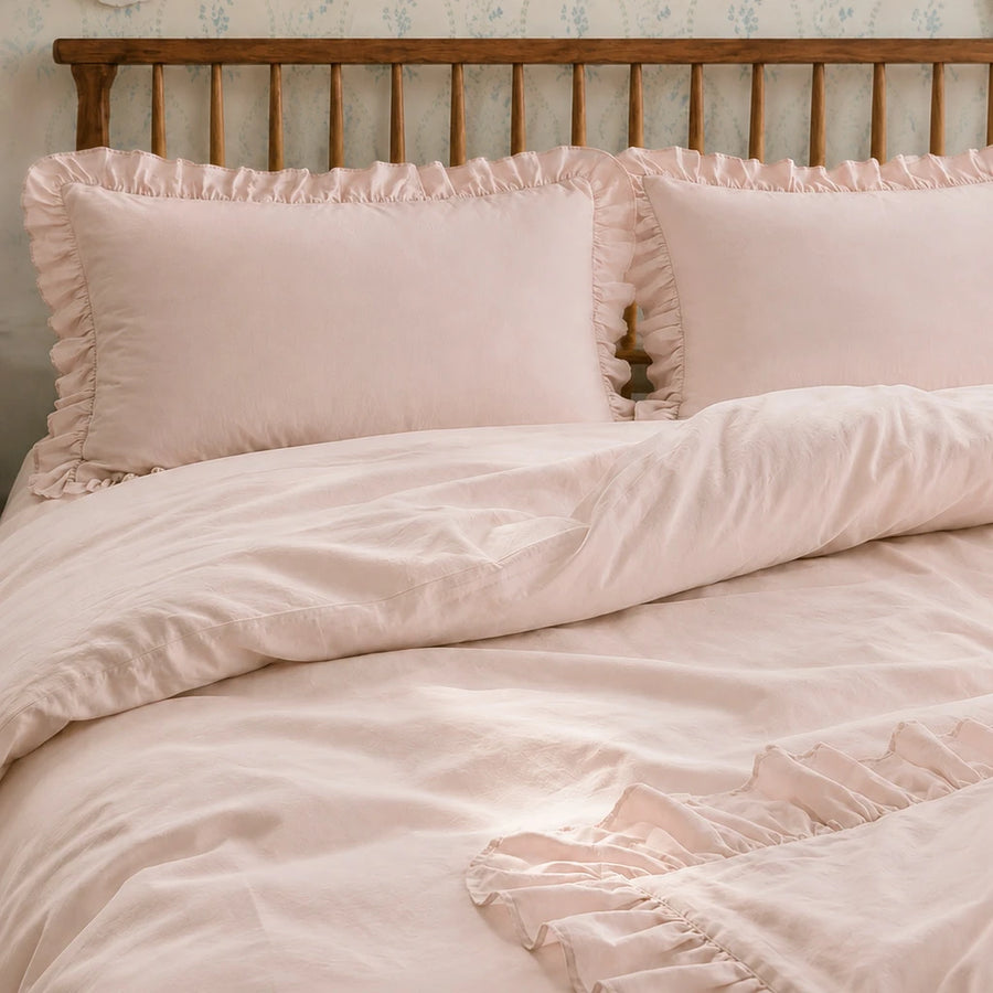 pure serenity blush pink ruffle duvet cover set main