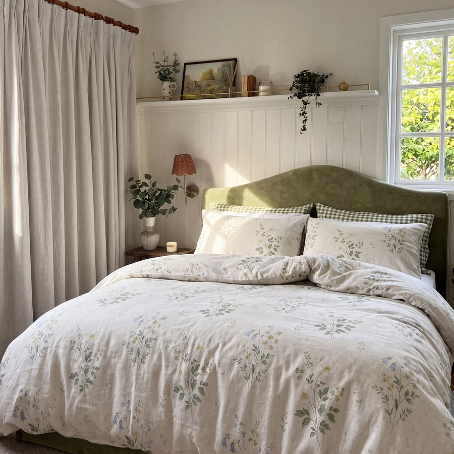 quiet garden meadow duvet cover set olive green headboard bedroom decor