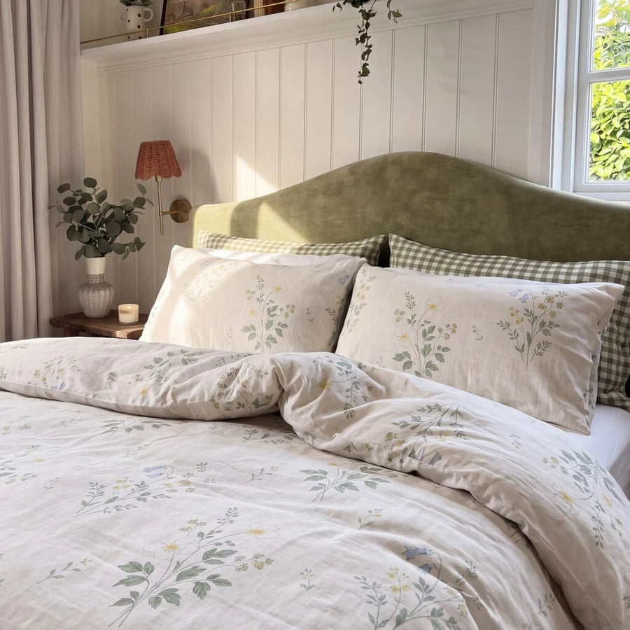 quiet garden meadow duvet cover set sage green floral pillow shams side view