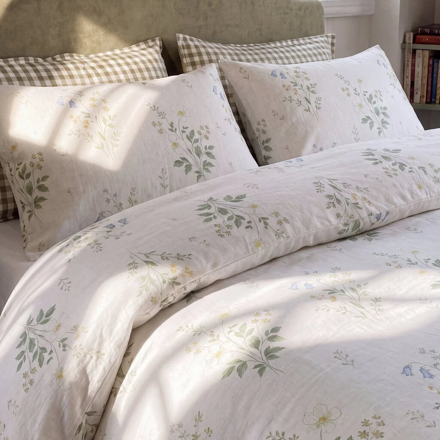 quiet garden meadow duvet cover set sage green sage checkered pillow sunlight