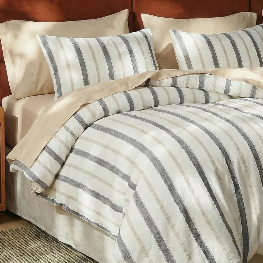 raw edge detail cream stripe duvet cover natural cotton texture