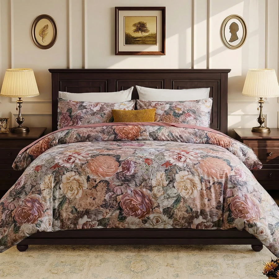 renaissance rose bloom duvet cover set styled on a dark wood bed with vintage lamps and warm lighting