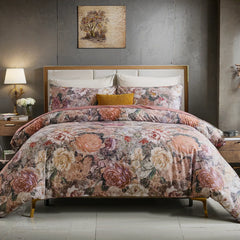 Vintage style bedroom with floral cotton bedding and nightstand decor