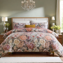 Retro bloom comforter set styled on a wooden bed in a cozy bedroom
