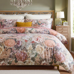 The 100% cotton retro bloom floral comforter set styled in a classic bedroom
