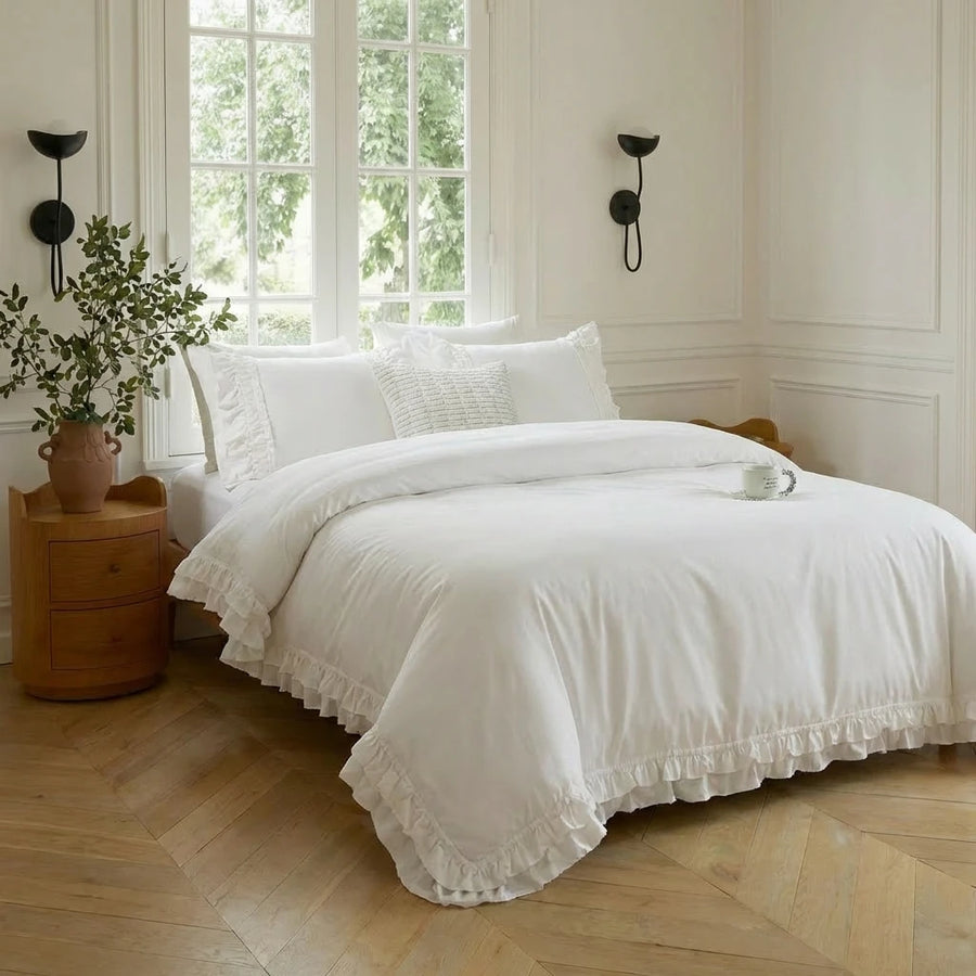 romantic french country ruffle duvet set white