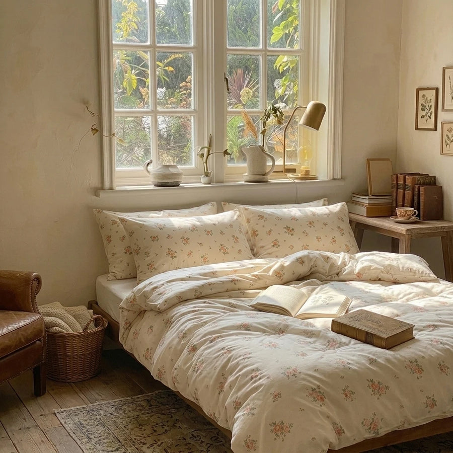 romantic sun drenched rose bedspread cottagecore home styling