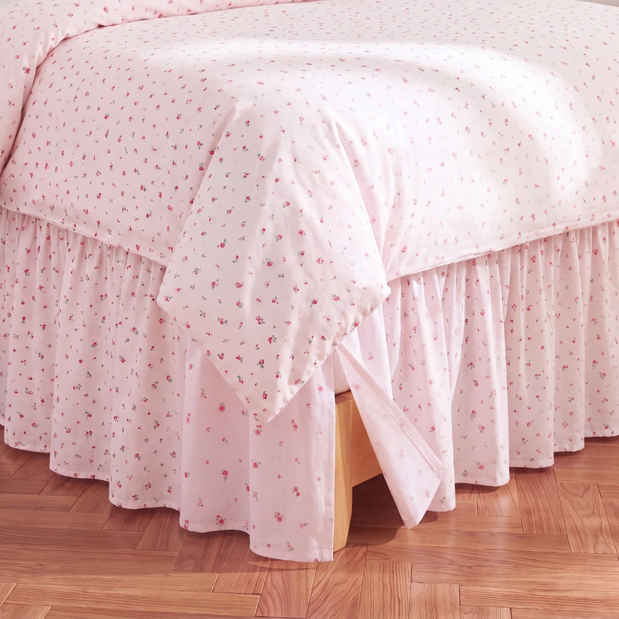 rosewick garden floral bed skirt pink ruffled hem hardwood floor