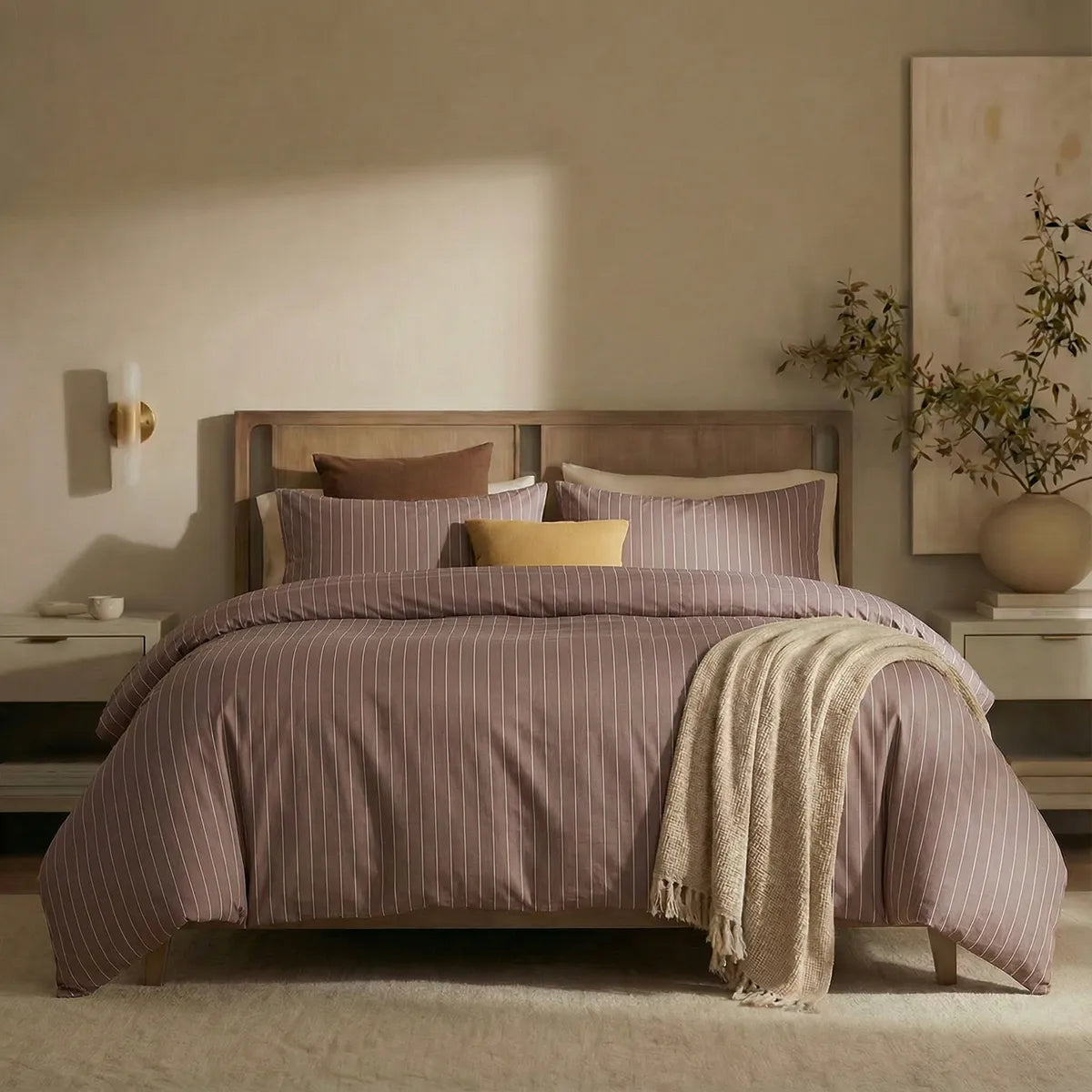 Full front view of rust red striped bedding set